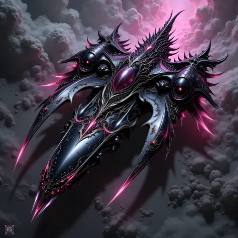 An extremely detailed comic book depiction of a sleek stealth corvette space ship with an elegantly bladed organic looking chitinous build with an insect-like alien appearance giving an eerie and captivating look with a black metallic body and dozens of bl...