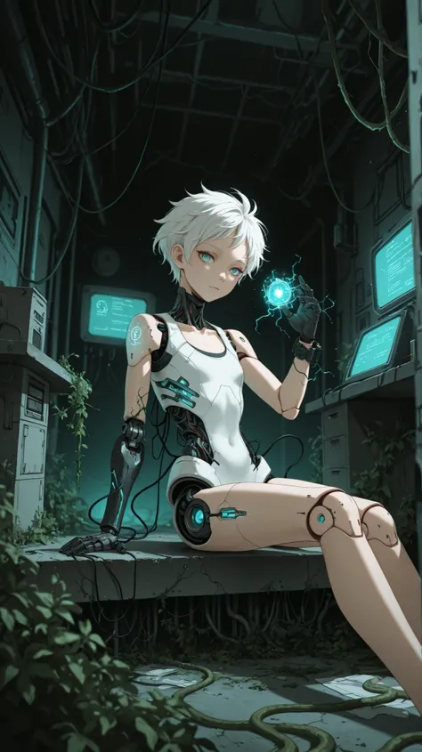 masterpiece, best quality, amazing quality, BREAK (by Hakika:0.55), (by Criis-Chan:0.7),(by dino \(dinoartforame\):0.4), phiv, 1girl, white hair, short hair, aqua eyes, flat chest,electricity, cybernetic augmentation, robotic arm, glowing circuits,exposed ...