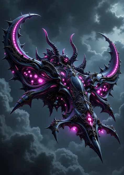 An extremely detailed comic book illustration of a futuristic spacecraft with a darkly gothic aesthetic with a distinctive crescent or bat-wing shape with multiple sharp pointed extremities primarily colored in dark metallic grays and blacks with glowing p...