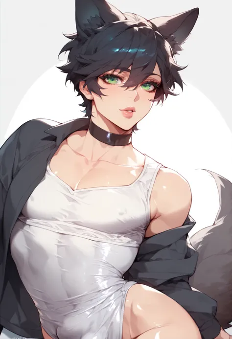 1boy, Solo, High Resolution, Simple background, Hair Between Eyes, Bangs, black Hair, twink body, curvy, man with feminine features, beautiful green eyes, long eyelashes, glossy lips, half of the body showing, wolf ears, wolf tail, ears please go away, neg...