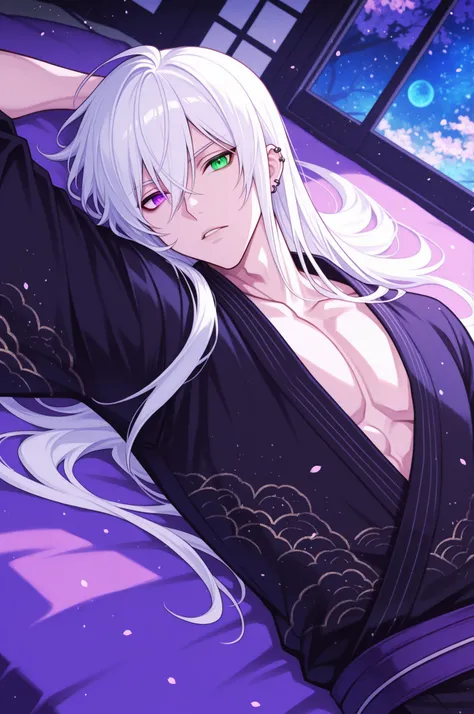 male, handsome, tall, finely detailed purple and green heterochromia eyes and detailed face, puffy lips,, ((very long white hair)), more details, humanoid dragon-god, looking at the viewer, light skin, lying down on bed, detailed textures, (((male focus)))...