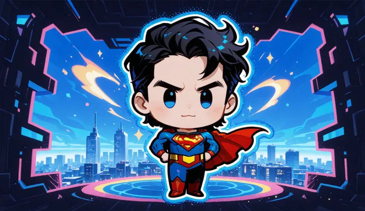 Superman chibi, abstract cityscape, chibi art