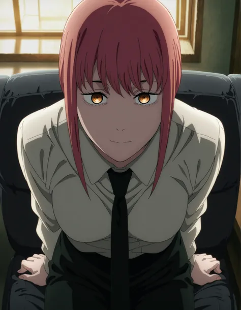 masterpiece, best quality, amazing quality,,  makima, makima (chainsaw man), long hair, bangs, yellow eyes, braid, red hair, braided ponytail, ringed eyes, mature female, medium breasts, anime screencap, shirt, long sleeves, white shirt, necktie, collared ...