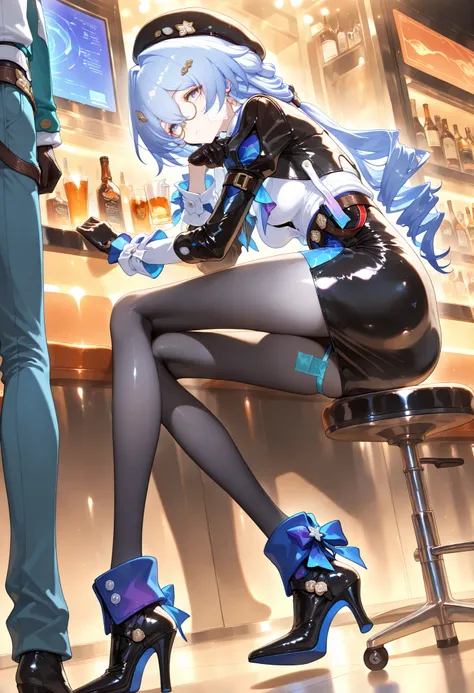 Masterpiece, jumpsuit best quality, ( Honkai: Star Rail),
1girl, One, black latex beret ,long hair,blue hair,Curls,hair ornament,hair clip, on face, disturbance, round_glasses, blue eyes,black gloves,white latex shirt, black latex jacket,tape,black latex...