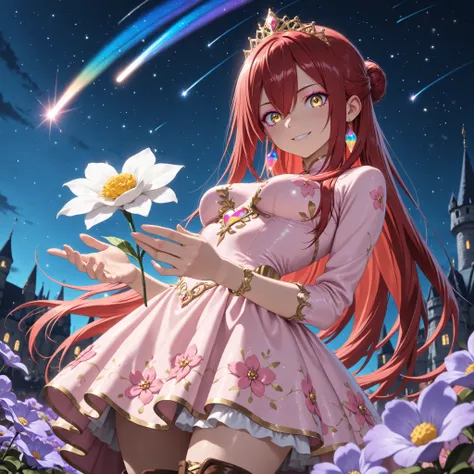 1 girl , Ryu Shana,  golden eyes , very long hair , long sidelocks, red hair ,half updo, petite , very cute , beautiful ,Straight hair, cool, handsome, hair between eyes, sexy, medium breasts, from below, moonlit night, hair in a bun with a red ribbon, pur...