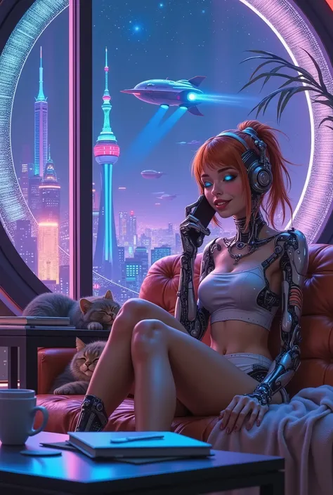 A friendly cute robot girl with a humanoid face, soft glowing eyes and an elegant mechanical body, dressed in short homemade shorts and a crop top. She is talking cheerfully and enthusiastically on the phone, sitting on the couch in a cozy futuristic room...