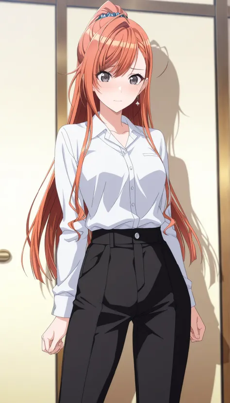 (masterpiece),(best quality),(ultra-detailed),(best illustration),(best shadow),(absurdres),(detailed background),(very aesthetic),arisugawa natsuha, 1girl, solo, orange hair, medium hair, ahoge,(high ponytail), swept bangs, (straight hair:1.5), black eyes...