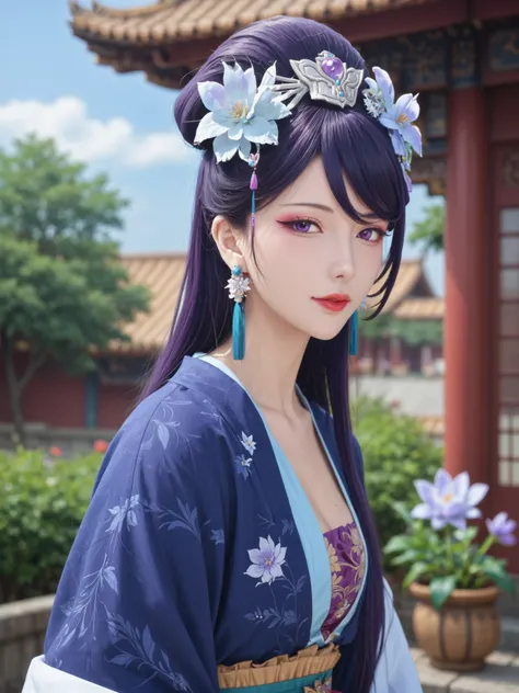 ((((masterpiece)))), top quality, 1 , solo,big ,big butt,Li Hua ,The Apothecary Diaries,Li Hua, long hair, PURPLE EYES, purple hair, Flower, earrings, hair Flower, makeup, lipstick,Disconnect, jewelry, Chinese clothes,  Hanhu ,complicated_details_4xl size,...