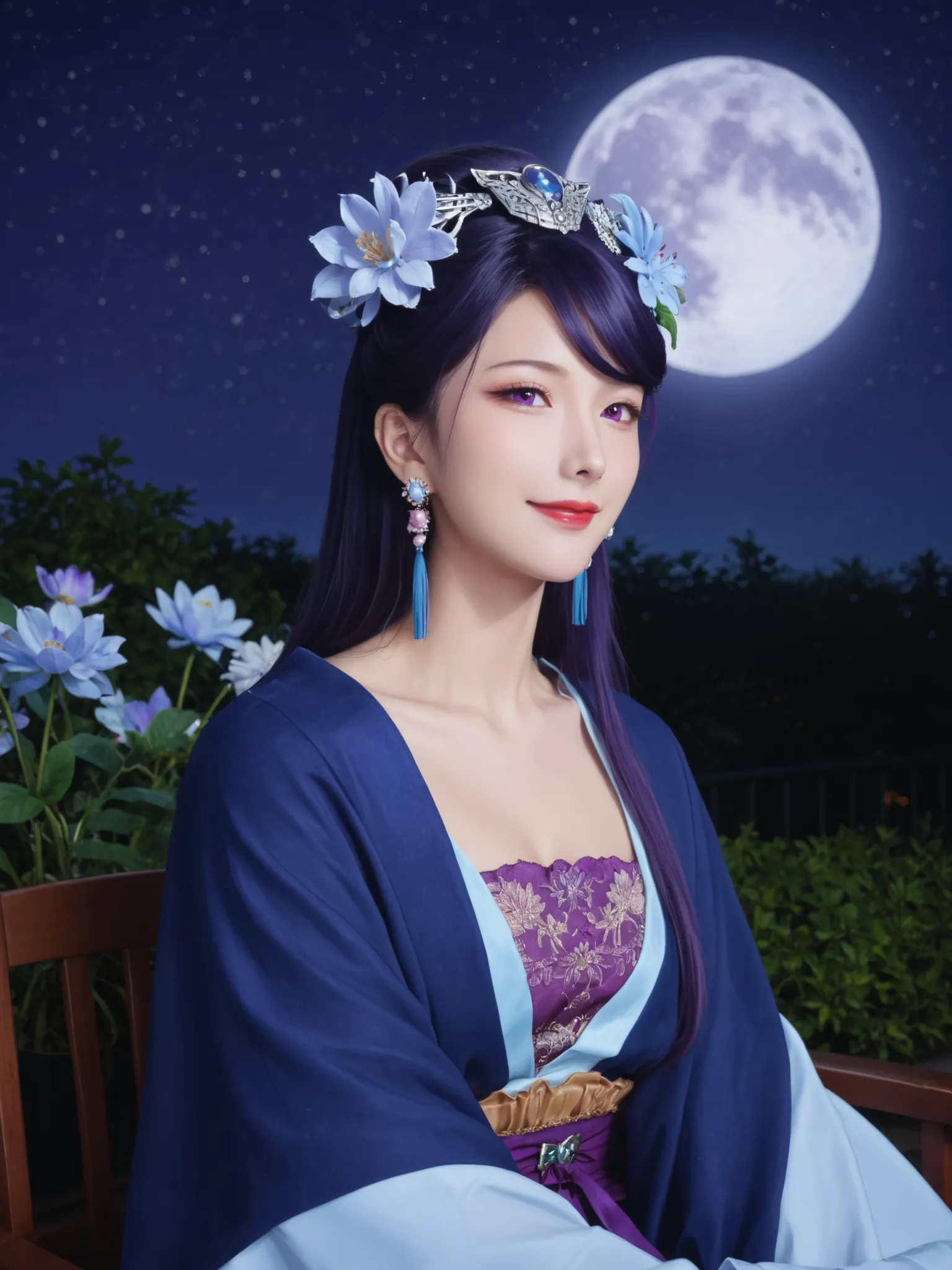 masterpiece, top quality, very aesthetic, Very High Resolution,  High Definition 、8k、 Realistic、 Realistic photography、 top quality 、masterpiece,night,, long hair, PURPLE EYES, purple hair, Flower, earrings, hair Flower, make up, lipstick,Hanfu,smiling,moo...