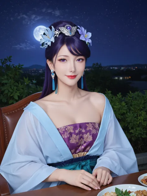 masterpiece, top quality, very aesthetic, Very High Resolution,  High Definition 、8k、 Realistic、 Realistic photography、 top quality 、masterpiece,night,, long hair, PURPLE EYES, purple hair, Flower, earrings, hair Flower, make up, lipstick,Hanfu,smiling,moo...