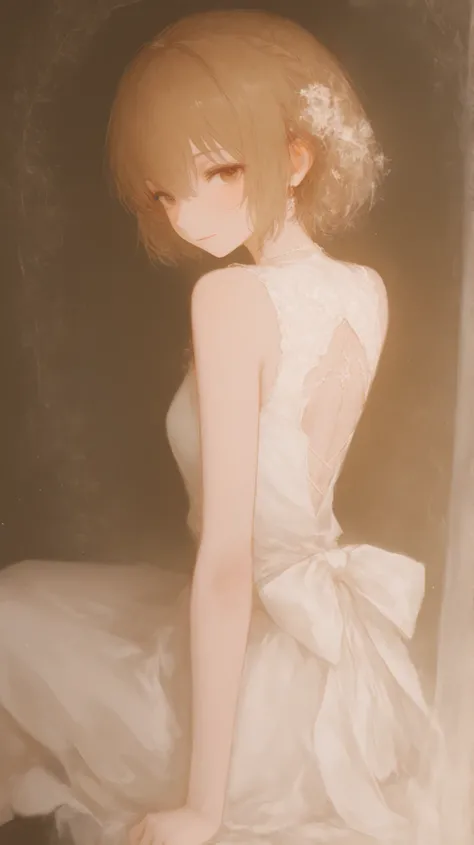 score_9, score_8_up , score_7_up , score_9,Score_9, Score_8_up , Score_7_up ,Create a fresh Japanese style picture, focusing on the character's features: short hair, white sleeveless hollow dress (with pattern on the back), sitting sideways and looking bac...
