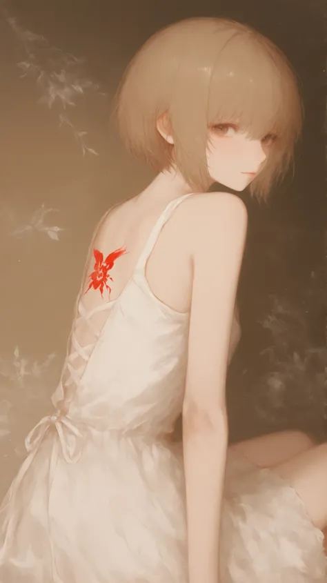 score_9, score_8_up , score_7_up , score_9,Score_9, Score_8_up , Score_7_up ,Create a fresh Japanese style picture, focusing on the character's features: short hair, white sleeveless hollow dress (with pattern on the back), sitting sideways and looking bac...