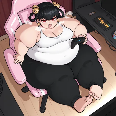 masterpiece, best quality, 1girl, solo    opmll, black hair, short hair, hair rings, twin braids, red eyes, hair bell, earrings, breasts, white tank top, breasts, black pants, sitting, gaming chair, holding game controller, smug, looking at viewer, indoors...