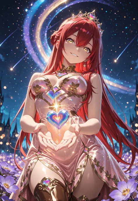 1 girl , Ryu Shana,  golden eyes , very long hair , long sidelocks, red hair ,half updo, petite , very cute , beautiful ,Straight hair, cool, handsome, hair between eyes, sexy, medium breasts, from below, moonlit night, hair in a bun with a red ribbon, pur...