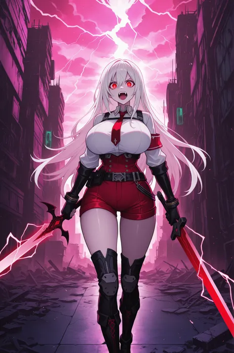 long white hair, vampire, glowing detailed red eyes, uniform, white shirt, tie, red shorts, holding sword, 1girl, solo, vampire fangs, huge breasts, ruined futuristic city, dystopia, lightning storm, pink lighting, volumetric lighting, cinematic lighting, ...