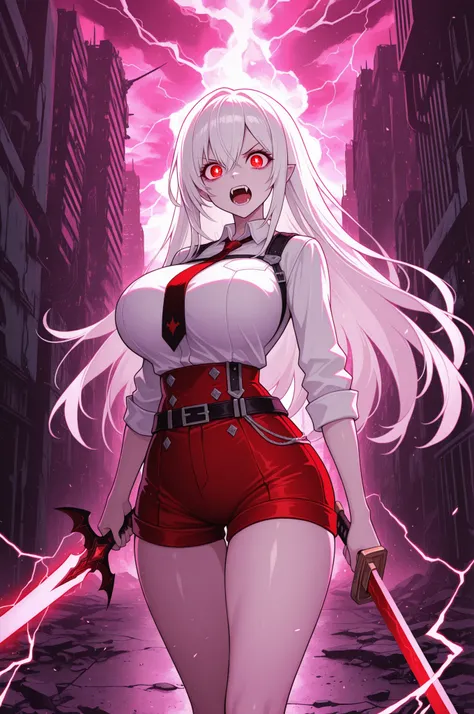 long white hair, vampire, glowing detailed red eyes, uniform, white shirt, tie, red shorts, holding sword, 1girl, solo, vampire fangs, huge breasts, ruined futuristic city, dystopia, lightning storm, pink lighting, volumetric lighting, cinematic lighting, ...