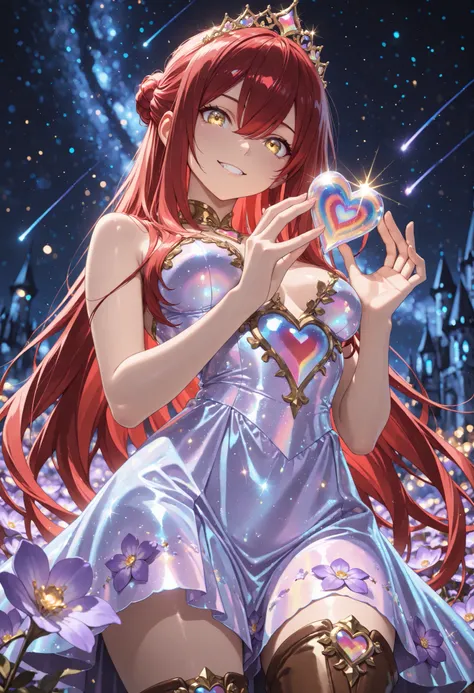 1 girl , Ryu Shana,  golden eyes , very long hair , long sidelocks, red hair ,half updo, petite , very cute , beautiful ,Straight hair, cool, handsome, hair between eyes, sexy, medium breasts, from below, moonlit night, hair in a bun with a red ribbon, pur...
