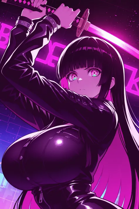masterpiece, best quality, good quality, absurdres, highres, cyber punk,
BREAK 
1girl, Face Focus, Side Angle, upper body, black hime cut, (magenta eyes), holding Katana pose,dynamic angle, huge breasts
BREAK
Backlight, one side light, cybernetic digital b...