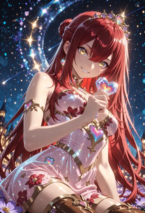 1 girl , Ryu Shana,  golden eyes , very long hair , long sidelocks, red hair ,half updo, petite , very cute , beautiful ,Straight hair, cool, handsome, hair between eyes, sexy, medium breasts, from below, moonlit night, hair in a bun with a red ribbon, pur...