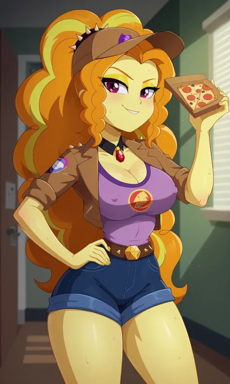 masterpiece, detailed image, soft skin, style_2d_chibi, , Adagio Dazzle(Adagio Dazzle) 1 girl, alone, breasts, large breasts, yellow skin, purple eyes, curly hair, ponytail, hair with yellow highlights, orange hair, , cute pizza delivery girl, delivery un...