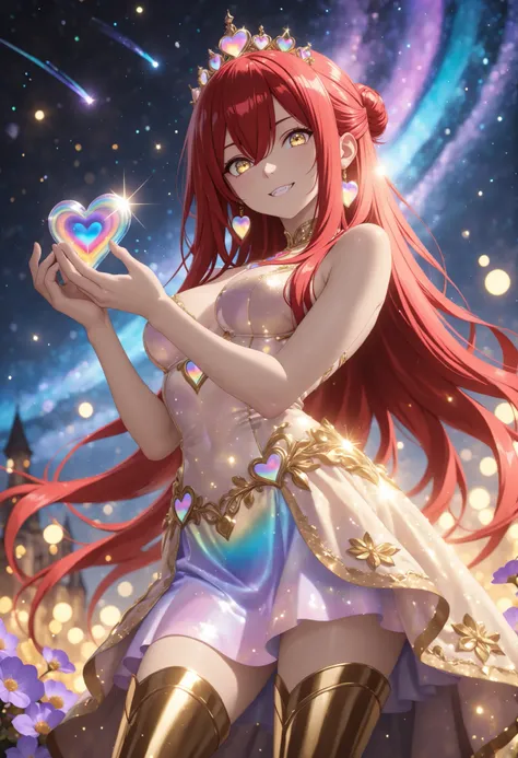 1 girl , Ryu Shana,  golden eyes , very long hair , long sidelocks, red hair ,half updo, petite , very cute , beautiful ,Straight hair, cool, handsome, hair between eyes, sexy, medium breasts, from below, moonlit night, hair in a bun with a red ribbon, pur...
