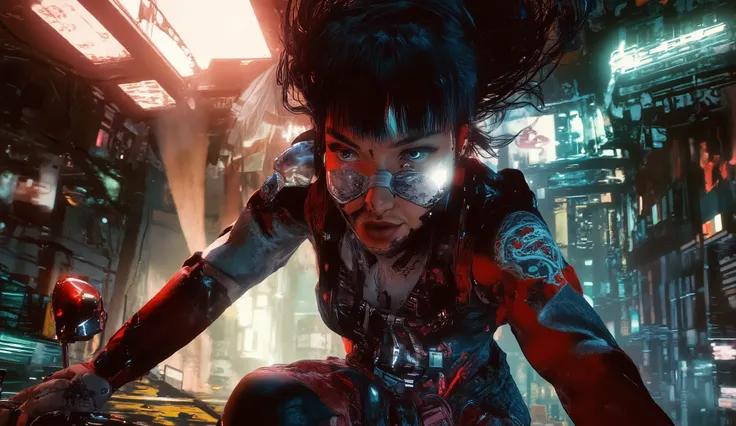 panoramic vision a woman black dreadloocks in a leather suit running fast on a motorcycle, panoramic view of a cyberpunk city, cyberpunk 2 0 y. o model girl, cyberpunk beautiful girl, Female cyberpunk anime girl, cyberpunk girl, cyberpunk Halle Berry, cybe...