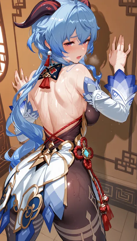 score_9,score_8_up,score_7_up,1 Female, solo,large_, vision_\(genshin_impact\), tassel earrings, absurdres, highres, (Black_Tights),chinese knot, clothing cutout, long sleeves,(White_hem), Ganyu_\(genshin_impact\), looking_at_viewer,(Spreading Legs),Standi...