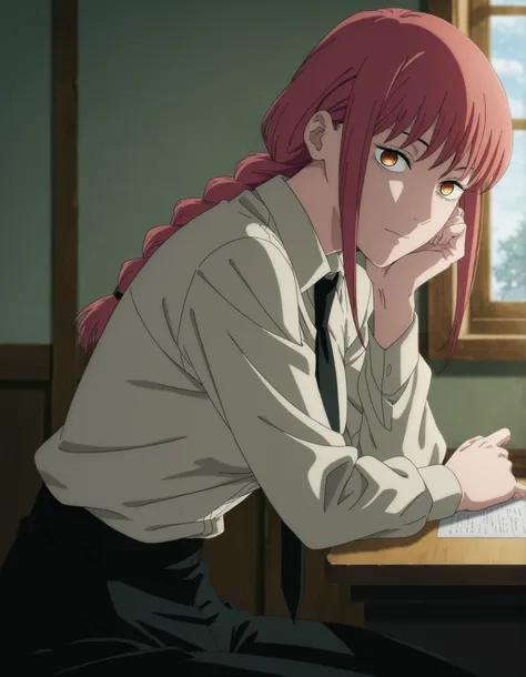masterpiece, best quality, amazing quality,,  makima, makima (chainsaw man), long hair, bangs, yellow eyes, braid, red hair, braided ponytail, ringed eyes, mature female, medium breasts, anime screencap, shirt, long sleeves, white shirt, necktie, collared ...