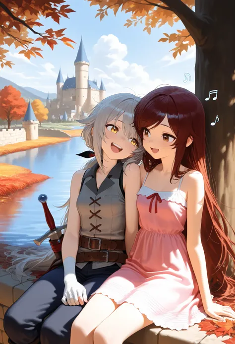 (masterpiece:1.2, Best Quality), (finely detailed beautiful eye: 1.2), (beautiful detailed face), 2girls, similar size,upper body, sitting, head on another's shoulder, shade, tree branches, laugh, character: robot, robot joints, wires, brown hair, brown ey...