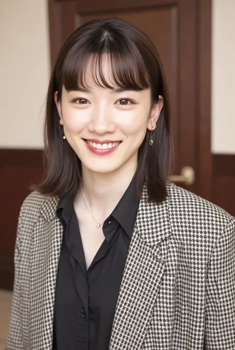 Neat Young Woman、and look at the camera、smile showing teeth、dark eyeshadow、 pale brown hair、office lady suit、jacket、shirt、ear piercing、necklace、Background is in a room、