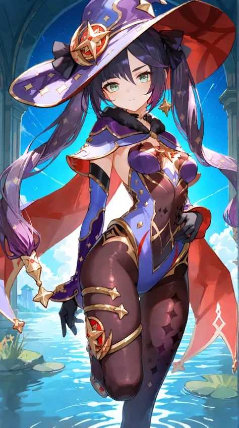 (masterpiece, best quality, ultra-detailed, anime-style, glossy CG-style rendering, dynamic pose), knee-up portrait, confident pose, standing by a lakeside, vivid colors, high contrast lighting, glossy reflections, soft water surface in the background, natural ambient light,

Mona Megistus (Genshin Impact), wearing her original purple astrologer outfit with golden trim, pointed hat with gold star decorations, purple leotard with chest sigil, glossy translucent cape flowing behind, long twin tails with red ribbons, arms posed confidently—one hand on her waist, the other raised slightly, violet tights clinging smoothly to her thighs, confident and slightly playful expression, green eyes shining brightly, cheeks lightly flushed, glossy highlights on her outfit, skin and hair reflecting soft natural light, standing at the edge of a calm lake with reflections in the water