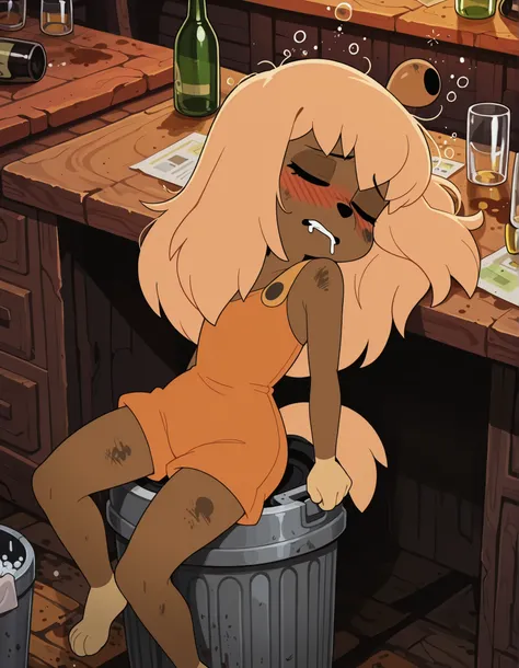 masterpiece, best quality, very aesthetic, 1girl,, solo, sitting, leaning against trash cans, unconscious, passed out, closed eyes, (drunk blush:1.2) (very drunk:1.2), lilotte, furry female, long hair, dog ears, dog tail, orange overalls, blonde hair, indo...
