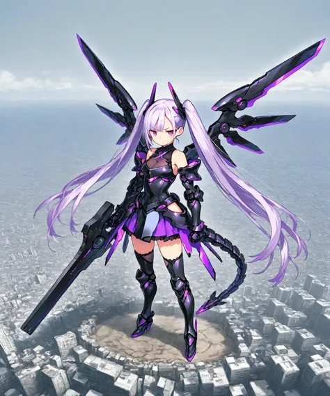 (score_9, score_8_up, score_7_up,ray tracing:1), ), (masterpiece, best quality, amazing quality, masterpiece, 8k, high quality, detailed art), anime, 1 girl, very long twintails purple hair, red eye, medchests, black armored dress, artificial limbs, mechan...