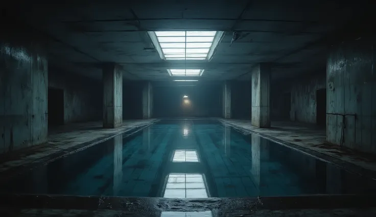 A swimming pool in a dark basement, liminal, hyper realistic, high detail, masterpiece.