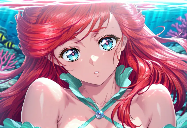 (Yokota Mamoru style),masterpiece, top quality, Newest, high resolution, One person,stares at viewers,魅力的なlol顔,(portrait :1.4), 1 female, beautiful, ((Little Mermaid Outfit, Red hair, Ariel, beautifulマーメイド), PURE BITCH, captivating body, ( lol, please open...