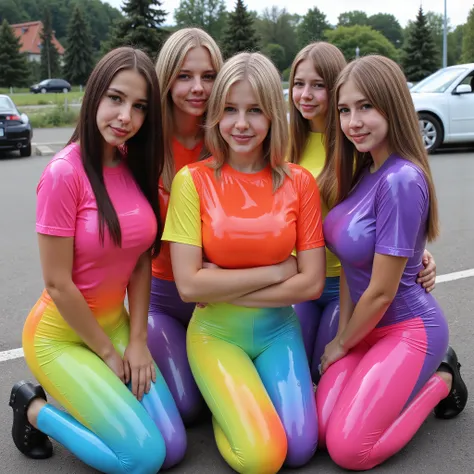 “1100d” 16K, high resolution, best quality , super Details, strukturierte Haut, Meisterwerk, precisely, anatomisch korrekt, In shiny latex T-shirts in various neon colors and shiny long latex leggings in various neon colors. Very realistic group photo of u...