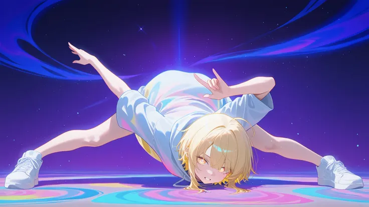 street fashion is breakdancing , intense movement, cool pose, particles of light are dancing around her and、I feel the movement of time, play of colors, psychedelic, Focus on movement , 8k Quality