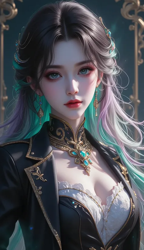 (masterpiece, detailed:1.2), Voluptuous woman, woman, fierce woman, gradient hair, long hair, voluminous hair, emerald eyes, gentle smile, glossy lips, gothic, thick eyelash , blond hair, green gradient highlight, dark hair, multicolored hair, colored inn...