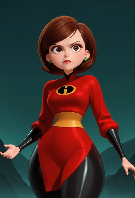 Helen Parr ,  female, medium hair, Bob_cut, brown hair, brown eyes, big eyes, long eyelashes, medium , narrow waist, thick thighs, huge hips, fair skin, thin hands, earrings, makeup, pink lips, lipstick.| mystical "Robo-Girlfriend" female in pale robe ador...
