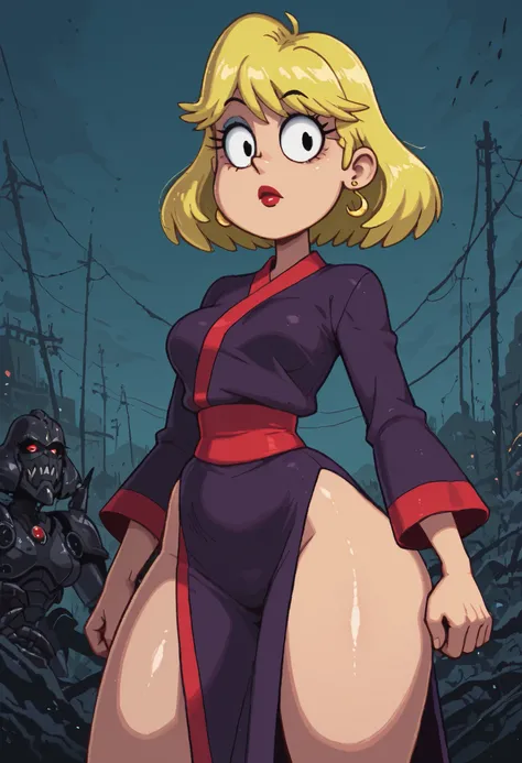 Rita Loud,  female, short hair, slightly curly hair, blonde hair, black eyes, big eyes, long eyelashes, small saggy , rounded , narrow waist, thick thighs, huge hips, fair skin, thin hands, earrings, makeup, red lips, lipstick,| mystical "Robo-Girlfriend" ...