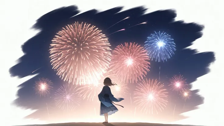 masterpiece,top quality, (white background:1.5) 1girl, farshot, full body, Fireworks, Fireworks, light particles, night, starry sky, standing, nightの公園で,