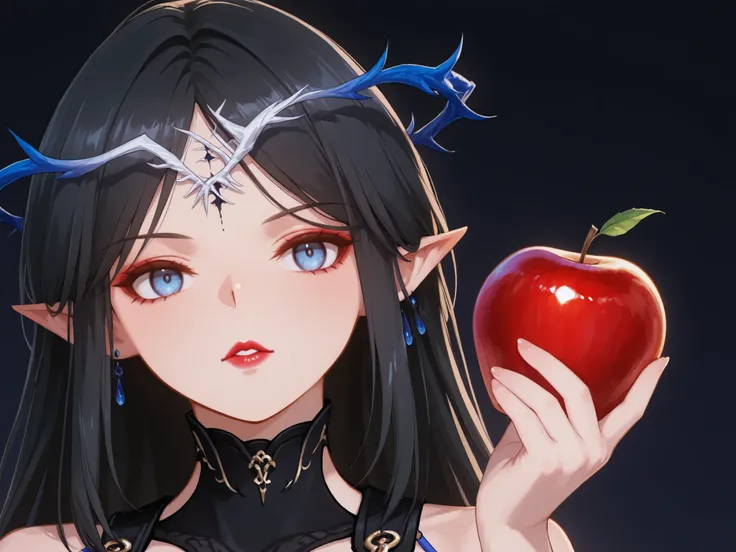 girl,long black hair，The Black Queen ，Accessories，apple in hand，Poison Apple，Witch Queen，red lipstick