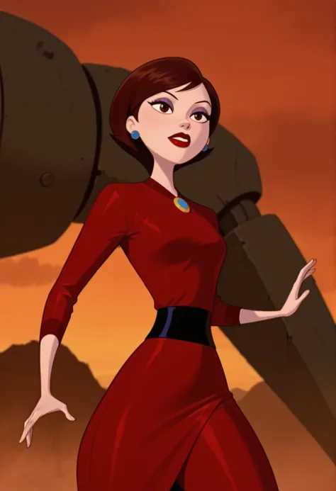  Helen Parr ,  female, medium hair, Bob_cut, brown hair, brown eyes, big eyes, long eyelashes, huge saggy , narrow waist, thick thighs, huge hips, fair skin, thin hands, earrings, makeup, pink lips, lipstick.| mystical "Robo-Girlfriend" female in pale robe...