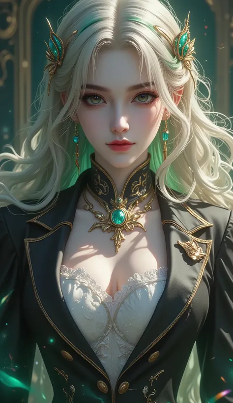 (masterpiece, detailed:1.2), Voluptuous woman, woman, fierce woman, gradient hair, long hair, voluminous hair, emerald eyes, gentle smile, glossy lips, gothic, thick eyelash , blond hair, green gradient highlight, light hair, multicolored hair, colored in...