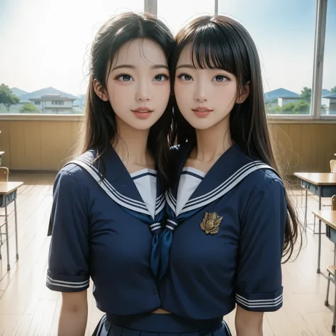 best resolution, conjoined, asian, beautiful woman with two torsos, (two torsos:1.3), long hair,ulzzang-6500-v1.1, Beautiful detailed girl, Very detailed eyes and face, Beautiful detailed eyes, Ridiculous, Incredibly ridiculous, Ultra detailed, High resolu...