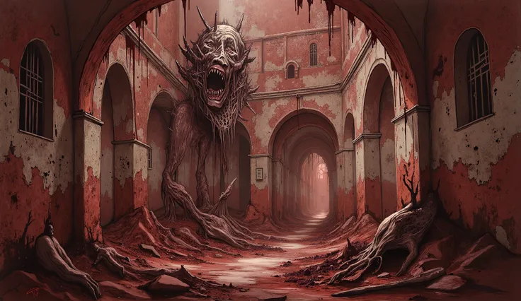 Abandoned asylum, Neo-Expressionism, distorted, haunting, blood-red hues in the style of Egon Schiele, surreal horror, high detail, masterpiece.