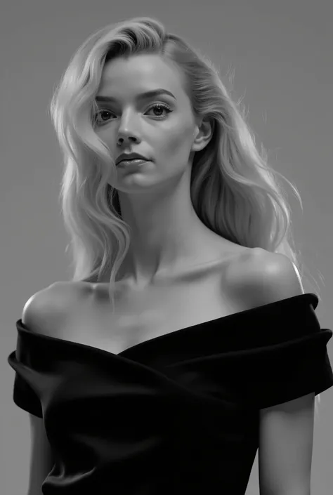 The image features a 20-year-old-girl with long blonde hair styled in loose waves falling naturally around them. She is wearing an off-the-shoulder black blouse, which gives the impression of casual elegance. The fabric of the blouse is smooth,, with a sub...