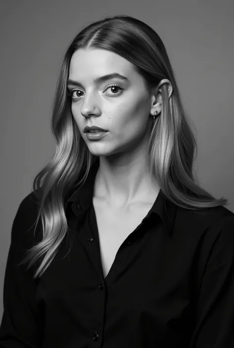 The image features a girl with long blonde hair styled in loose waves falling naturally around them. They are dressed in a oned-down black shirt, which is slightly open at the collar, giving an impression of casual elegance. The fabric of the shirt is smoo...