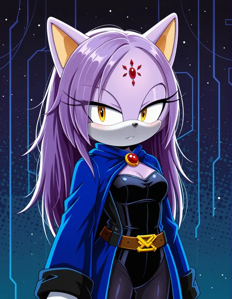 onmodelblobian, sonic (series),, looking at viewer,  very detailed, extremely detailed, (1girl), (solo), Female Cat, Blaze the Cat, (darkish purple fur), dressed as Raven, Cosplay, medium , eyelashes, daytime, mobian, mobius city, (Raven hairstyle), ((hair...