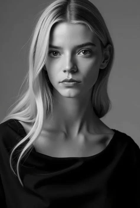 The image features a 20-year-old-girl with long blonde hair styled in loose waves falling naturally around them. She is wearing an off-the-shoulder black blouse, which gives the impression of casual elegance. The fabric of the blouse is smooth,, with a sub...